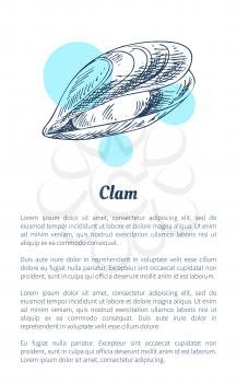 Small clam marine creatures as seafood in sketch style flat vector illustration. Nautical information poster on white and blue spots with text sample.