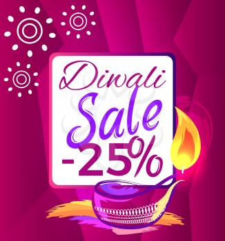 Diwali sale -25 off sign with festive candle on bright pink background. Vecto with discount dedicated to festival of lights and burning candle