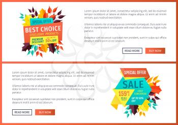 Special offer best choice set of posters with text sample. Autumnal sales only tomorrow. Promo banners with yellow leaves quality products vector