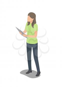 Faceless female character in green T-shirt stands with big thin modern tablet isolated cartoon vector illustration on white background.