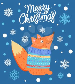 Merry Christmas promotional poster with title sample and icon of fox wearing sweater and snowflakes vector illustration isolated on blue with snowballs