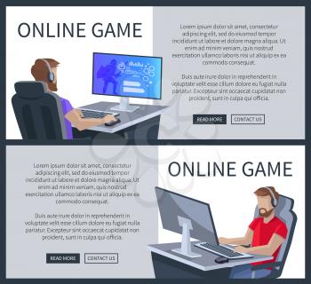 Online gaming web posters set with man playing cyber video games, player in virtual reality cyberspace sitting on chair at computer vector illustration