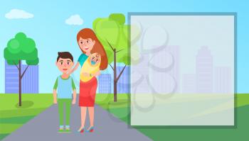 Mother and children standing on road on buildings and trees background vector illustration. A big filling form situated at right side of picture