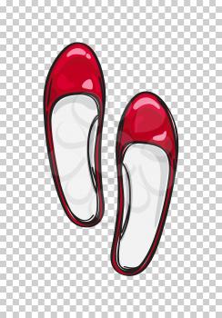 Red glossy ballerina flat shoes isolated on transparent background. Fashionable women footwear for glamorous look. Vector Illustration of elegant and comfortable footgear for every day outfit.