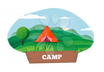 Time for camping template poster with tent in red color isolate on fresh air in summertime with blue sky and green grass and trees.