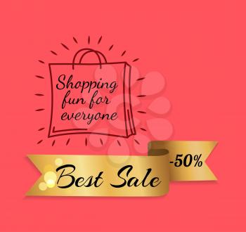 Shopping fun for everyone best offer golden label ribbon with stars isolated on pink. Promotional sale element, decorative tape with promo text vector