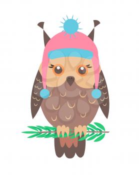 Closeup of funny owl wearing handmade hat and sitting on green branch, icon represented on vector illustration isolated on white background