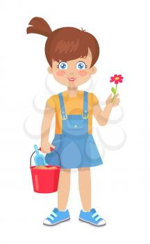 Brunette doll like girl with red flower and bucket with shovel vector illustration isolated on white. Cute cartoon kindergarten age female holds toys