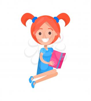 Happy redhead girl with high pigtails wearing blue dress and open shoes holding pink book with both hands isolated vector illustration on white