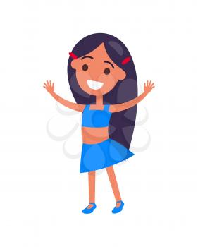 Joyful brunette girl with long hair wearing light blue t-shirt and skirt raised hands up isolated vector illustration on white background