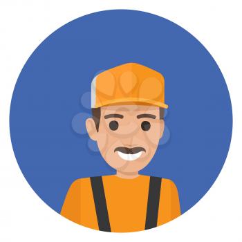 Whiskered erector in black overalls and yellow helmet vector illustration. Home repair service worker in cartoon style flat design