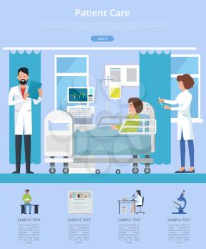 Patient care visualization with doctor and nurse taking care after woman patient sitting on hospital bed. Vector illustration of clinic room on blue background