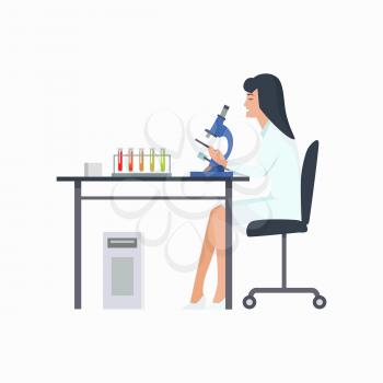 Woman working in laboratory with microscope in white robe. Vector illustration of icon with scientist working on experiment isolated on white background