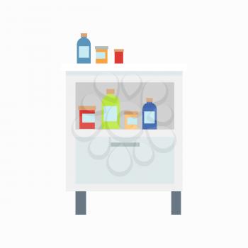 Locker with drugs icon isolated on white background. Vector Illustration with cupboard filled with bottles and jars with different labels