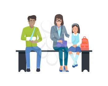 Patients waiting for doctor, unhappy man with broken arm and woman with kid smiling, people sitting on black bench vector illustration