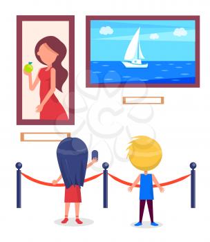 Art gallery excursion for school children. Kids watching on seascape with sailboat, woman portrait vector illustration in museum hall isolated on white