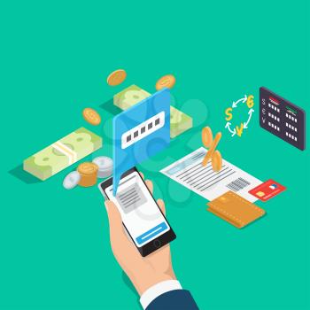 Managing financial operations online concept. Phone in hand, money in cash and wallet with credit card isometric vector. Currency conversion, calculation of interest on loan or deposit 3d illustration