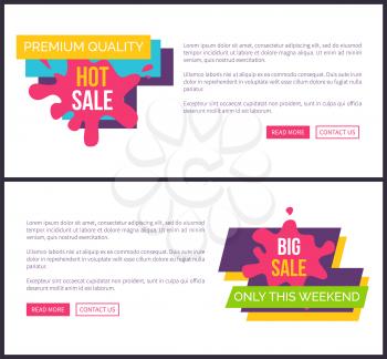 Premium quality hot sale, only this weekend big discounts vector promo price labels on online web pages with buttons read more and contact us