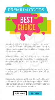 Premium goods best choice, page sample for internet site with unique sticker with decorative lettering, buttons and text on vector illustration