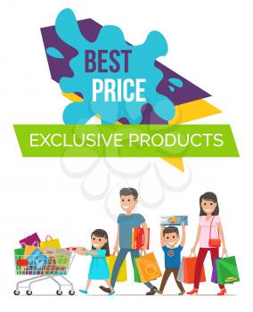 Best price exclusive products poster representing family carrying bags and little girl pulling cart vector illustration isolated on white