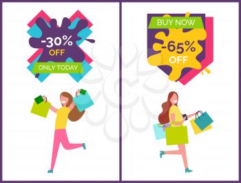 -30 off only today and buy now -65 placards that represent woman with raised hands and bags and other lady happy customer vector illustration