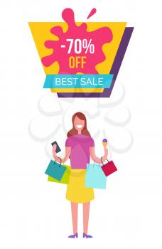 -70 off best sale promotion placard depicting female with brown hair, holding bags, wallet and ice-cream and smiling vector illustration