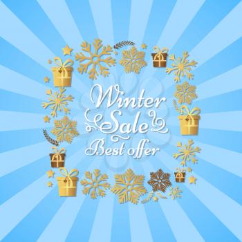 Winter sale best offer poster in square frame made of silver and gold snowflakes, snowballs in xmas border presents and gifts isolated on blue rays