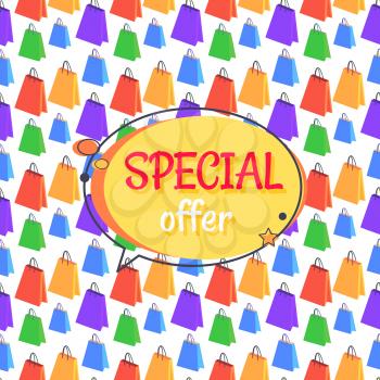 Special offer sale advertisement in round speech bubble with shopping bags seamless pattern. Promotional poster discounts info on endless texture