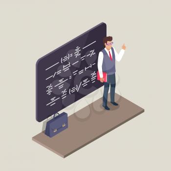 Neatly dressed male teacher standing in front of blackboard writing on it along with leather briefcase on floor isolated 3d vector illustration