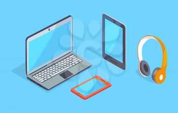 Modern computer equipment set with smartphone, digital tablet, headphones 3D vector illustrations isolated on blue background