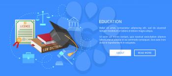 Education web banner with lawyers licence, books on law and academic hat vector. Old scales, judges hammer, ancient building and classic briefcase silhouettes.