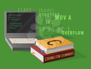 Portable computer and thick textbooks for Informatics studies isolated vector illustration. Open laptop with program code on screen.