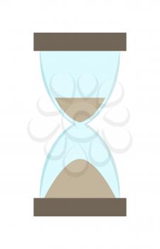 Hourglass with more sand in bottom part than in top one. Vector illustration of ancient tool for counting time isolated on white background