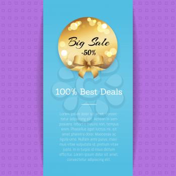 Big sale half price 100 best deals vector illustration with golden label with blurred splashes, advertisement banner decorated with bow