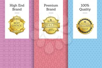 High end quality 100 premium brand golden labels set of logos design on colorful posters with text vector illustrations collection with stamps of gold