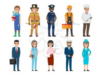 Policeman and lifesaver, mariner and cook, stewardess and doctor, manager with briefcase, builder and gardener with plant and waiter vector