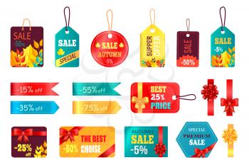 Autumn special sale tags icon isolated on white background. Vector illustration with bows and labels decorated with leaves and bows for special offer advert