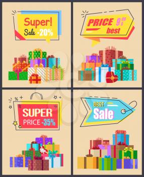 Super sale last price collection of labels with percent signs, vector promo posters with wrapped gift presents, clearance of new arrivals vector set