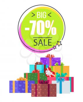Big sale -70 off promotion on white background. Vector illustration with discount clearance and gift boxes in festive wrapping paper