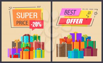 Super price best offer colorful signs surrounded by thin frames decorated with doodles. Vector illustration with wrapped gift boxes and ad labels