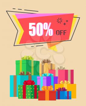 50 off exclusive discount surrounded by thin frame decorated with many gift boxes wrapped in bright paper. Vector illustration special half price offer