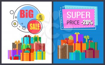 Big sale - 20 off super discounts on round and square advert labels isolated on vector posters with gift boxes in decorative wrapping, present packages