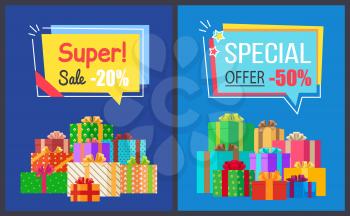 Super sale best prices discounts -20 - 50 off, labels in shape of speech bubbles with percent signs, gift boxes in color wrappings vector set