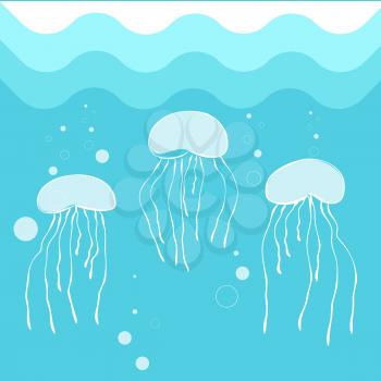 Jellyfish swimming in blue sea water background. Vector illustration of octopus in deep ocean, marine concept image in flat style