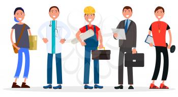 People various professions on white. Vector illustration of student, doctor in uniform, builder in helmet, manager with report, physical teacher.