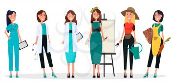 Women s professions six characters isolated on white. Vector illustration of doctors, female artist, gardener and housewife in apron