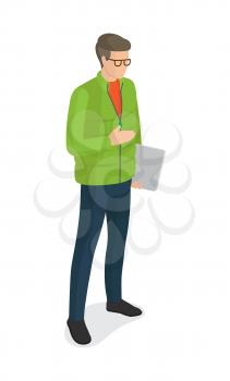 Man in green jacket, dark blue jeans with laptop in glasses vector isolated side view on white. Student or college boy cartoon character, stylish guy