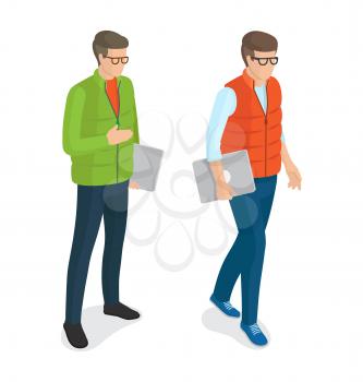 Men with laptops in glasses vector isolated on white background. Students or college boys cartoon characters, stylish guys with computer devices