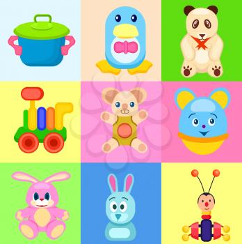 Toy saucepan, penguin in bowtie, panda bear, train car, koala bear, round mouse, pink bunny, funny rabbit and beetle xylophone vector illustrations.