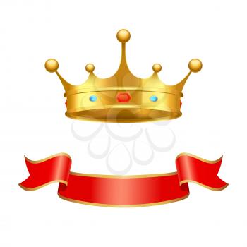 Crown majestic headdress and ribbon vector decorative element. Golden tiara with precious stones inlaid as symbol of supreme power isolated icon.